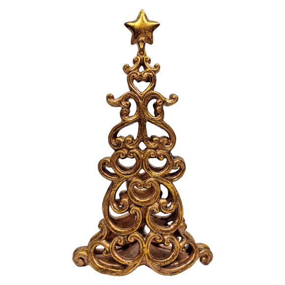 VTG Roman Fleur De Lis Terracotta Pottery Flat Holiday Tree With Star Gold 9" - Picture 1 of 9
